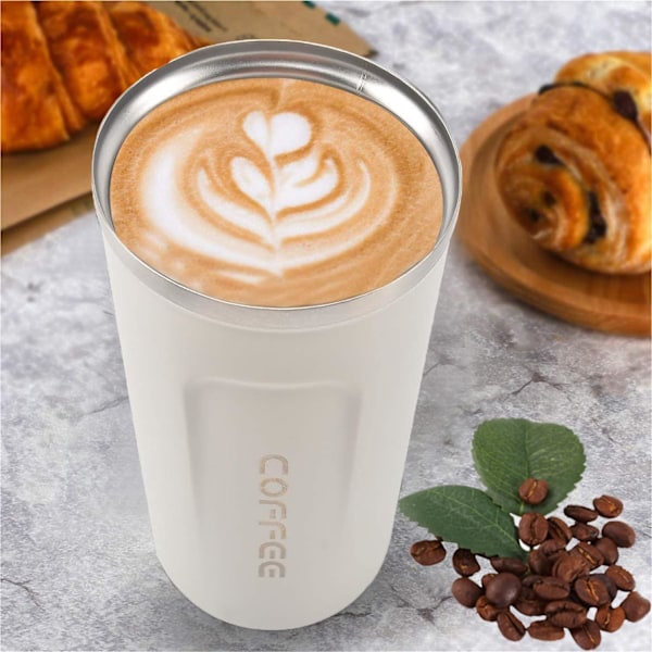 Resemugg, Isolerad Kaffekopp med Läcksäker Lock - Återanvändbara Kaffekoppar Resa - Bilkaffekopp - Rostfritt Stål Termosmugg, 380ml (Vit) white