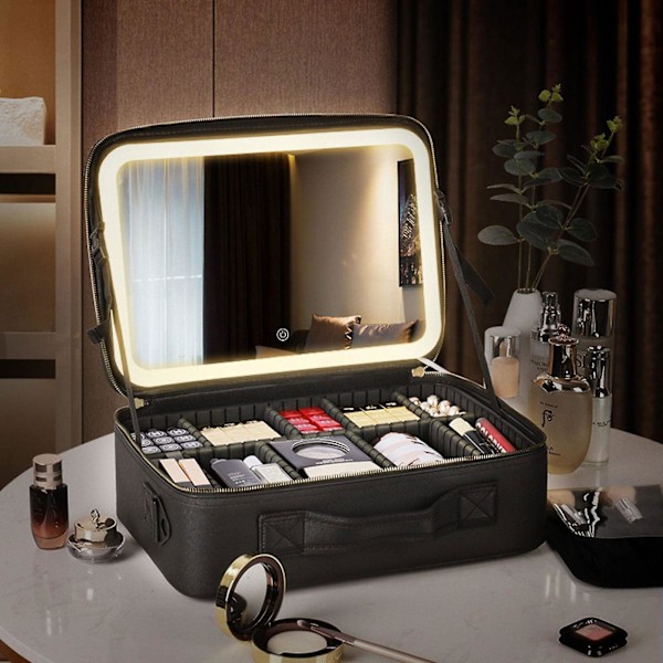 Makeup Rejsetaske med LED-Spejl, Justerbare Skillevægge og Toilettaske i Sort