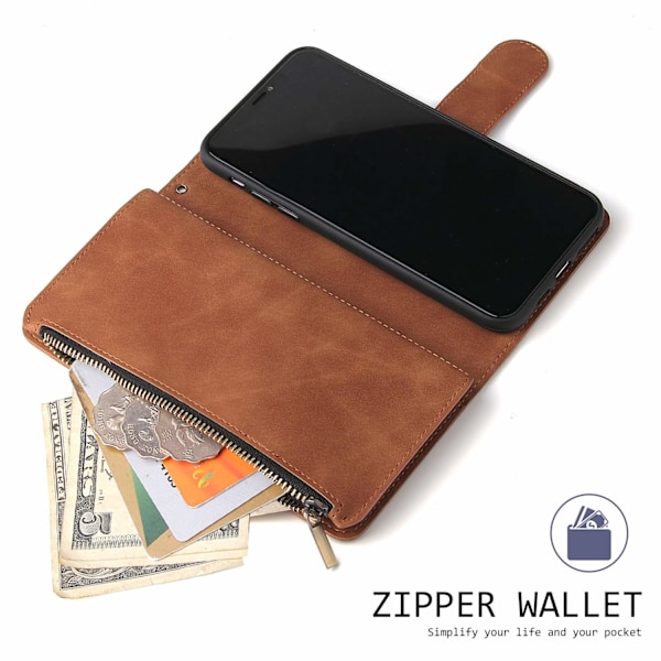 Wallet Case til iPhone 11, Håndtaske med Lynlåslomme, Støttefod, Kortholder Slots med Håndledsrem TPU Stødsikkert Flip Cover til iPhone 11 - Brun