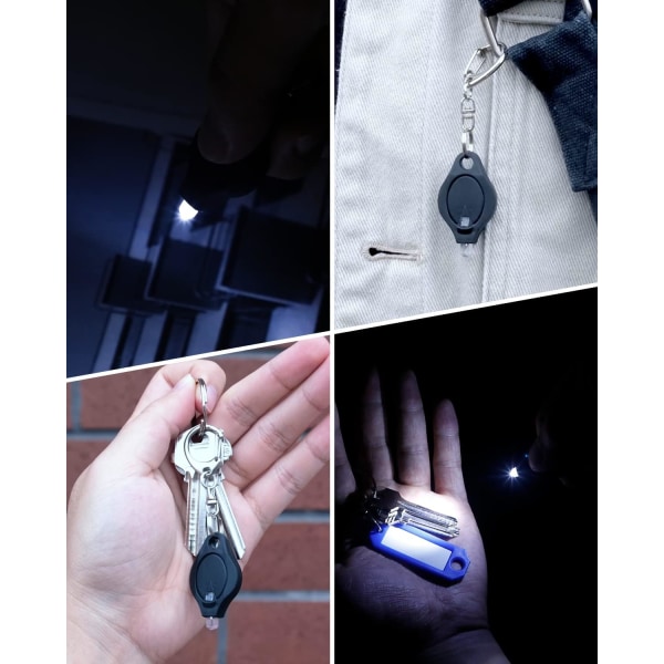 Mini-avaimenperä LED-taskulamppu 12 lumenin kannettava ultrakirkas akkukäyttöinen musta taskulamppu jousikarabiinilla (paristot mukana), 5 kpl pakkaus
