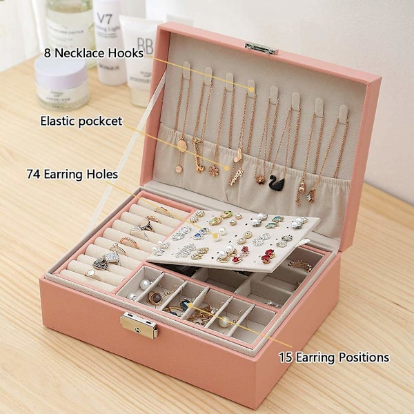 Smykkeskrin, dobbeltlags PU læder opbevaringsboks til kvinder til ringe, øreringe, armbånd, halskæder, smykkeorganisator gaveæske (Mors dags gave) Pink