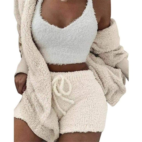 Hjemmekjole for kvinner, vinter, myk, avslappet, 3-delt, langarmet, fluffy jakke med åpen front, shorts og vest, holder deg varm (S)