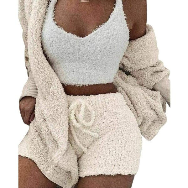 Kvinders vinterplys hjemmebeklædning Casual 3-delt pyjamas Langærmet fluffy hættejakke med åben forfrakke & shorts & vestdragt Hold varmt tøj(M)