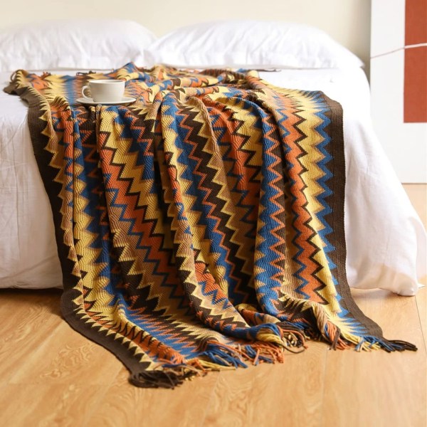 Bohemisk Stickad Pläd Nordisk Stil Pläd med Fransar, Akryl Stickad Pläd Dekorativ för Soffa Stol Säng Soffa 127 * 152cm