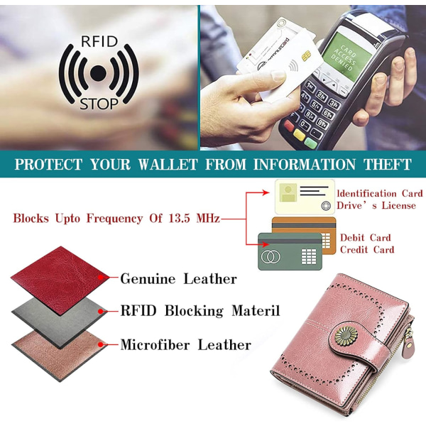 Dame tegnebog Læder RFID blokerende kort tegnebog med 16 kortpladser (Pink)