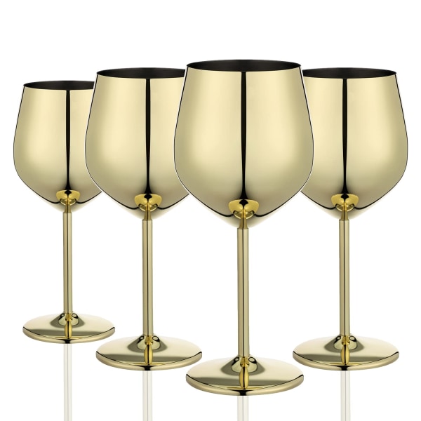 Guldvin Glas Set om 4, 550ml Okrossbart Guldbägare, Rostfritt Stål Vinglas, Unikt och Bärbart Metallvinglas Gold