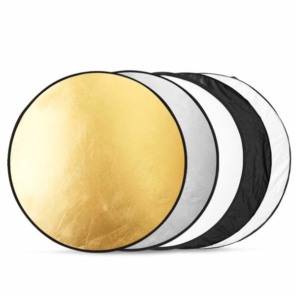 5 i 1 foldereflektorsæt rund reflektor, 110 cm diameter, guld, sølv, hvid, sort og gennemsigtig til fotografibelysning
