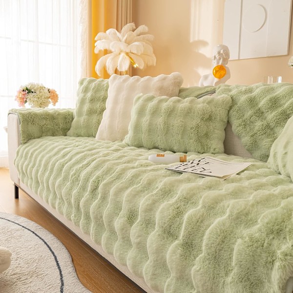 Tykk Kanin Plysj Sofatrekk 1 2 3 Seter, Sklisikre Sofatrekk, Morsomt Fuzzy Sofatrekk, Varme Fløyels Sofaputetrekk (90x210cm) Green 90*210cm