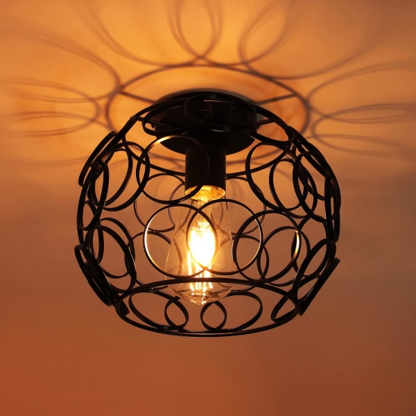 Vintage industrielt loftslys metalbur 25 cm pendantlys Lysekroner Geometrisk skærmdesign lysarmatur E27 loftslampe (sort cirkel)