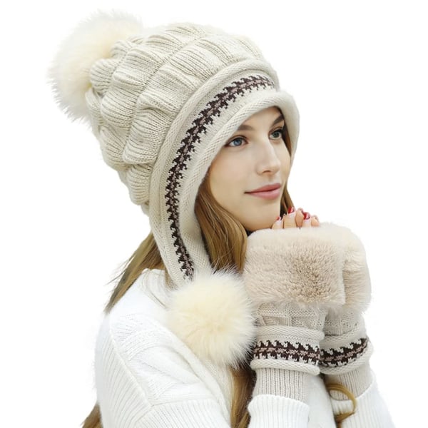 Hætte Sæt til Kvinder Fluffy Vinterhue Strikket Beanie Udendørs Plysfoer Russisk Hat Pompom Øreklapper med Handsker, beige Beige