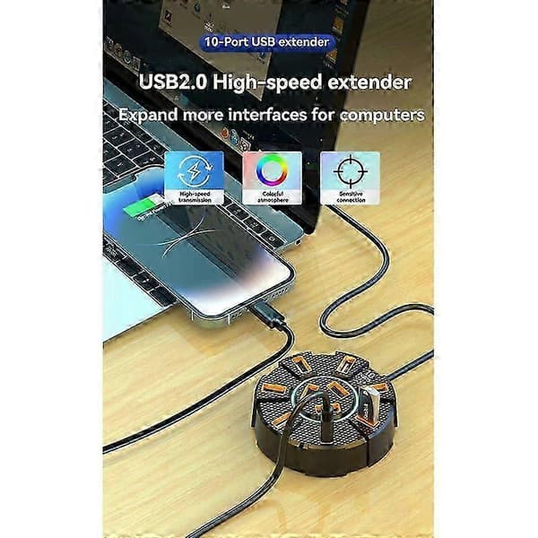 USB 2.0 Hub Multi Splitter Adapter 5Gbps Höghastighets USB Splitter Strömadapter Multipel Expander för PC Laptop, 10 Portar