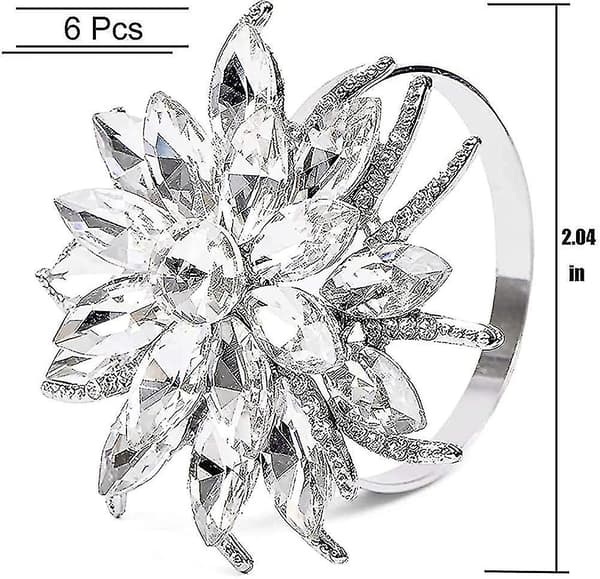 Servettringar, silver servettringar set om 6, lyxig strass kristallblomma