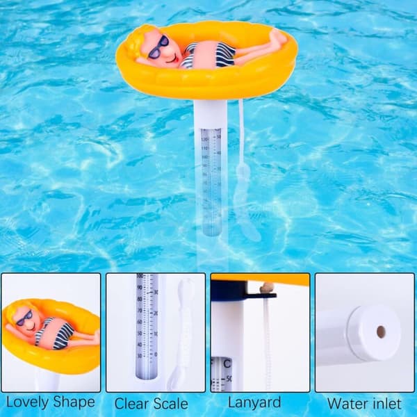 Flytande termometer, flytande pooltermometer, vattentermometer med tecknad djurform och rep för inomhus- och utomhuspooler (termometer E)