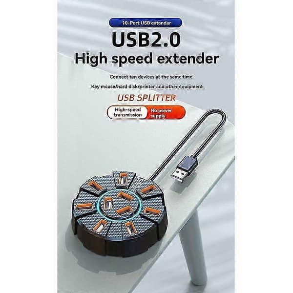 USB 2.0 Hub Multi Splitter Adapter 5Gbps Höghastighets USB Splitter Strömadapter Multipel Expander för PC Laptop, 10 Portar