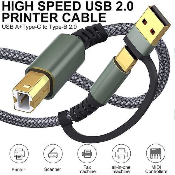 3m USB / Type-C till Square USB Type-B 2 i 1 Skrivarkabel Flätad Utskriftsanslutningssladd