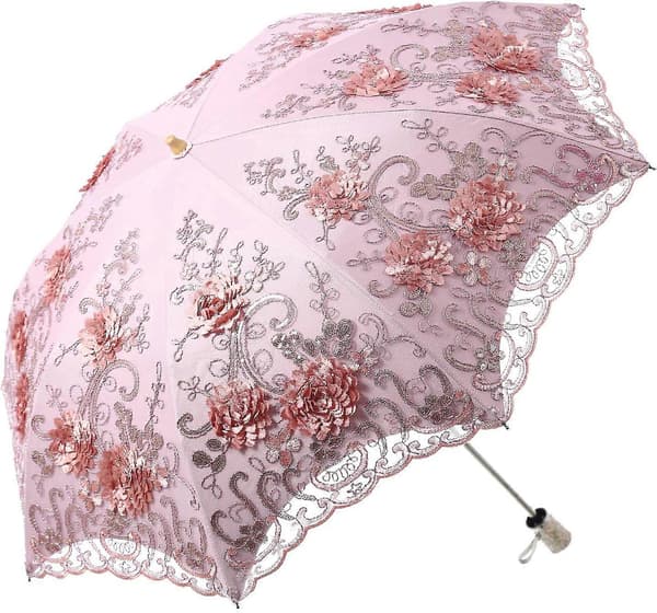 Broderad spets dubbeldäck Anti-UV Parasoll Sol/Regn/Snö Hopfällbart paraply
