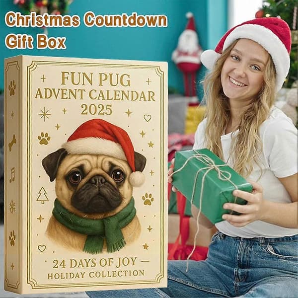 Rolig Mops Adventskalender 2025, 24 dagar Jul Mops Hund Adventskalender