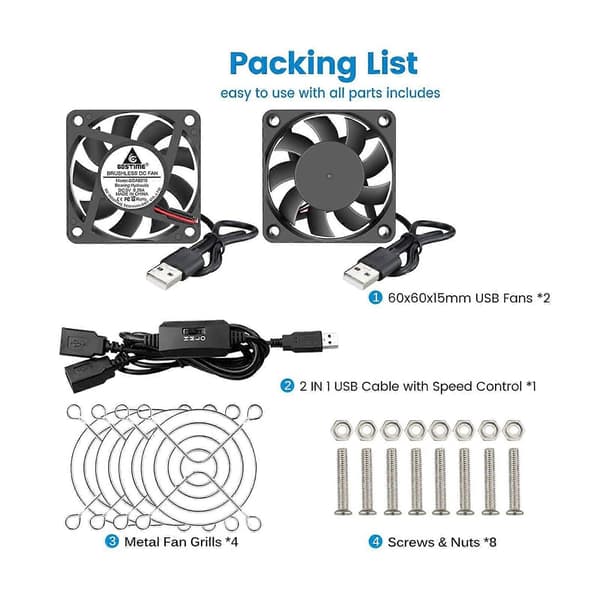2-pack 5V 60mm X 10mm USB-datorfläkt med hastighetskontroll DC borstlös kylning