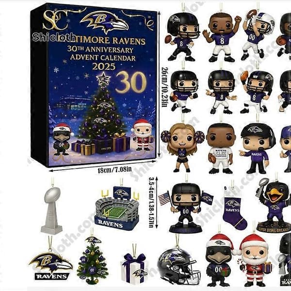 Baltimore Ravens Uke 30 Advents Blindboks, Juletre Akryl Anheng Julepynt