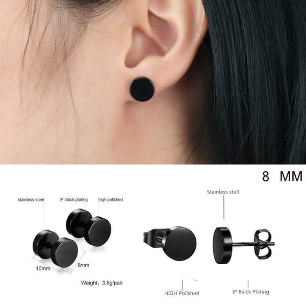 8 par øredobber i rustfritt stål for menn, 8 mm øredobber i rustfritt stål