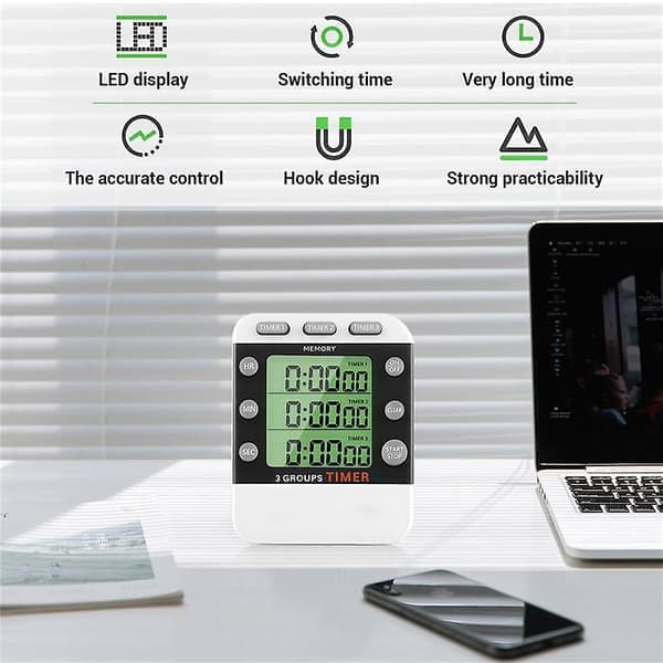 Digital dubbel kökstimer, 3-kanals upp/ned-timer, trippel kökstimer, display, högvolymslarm