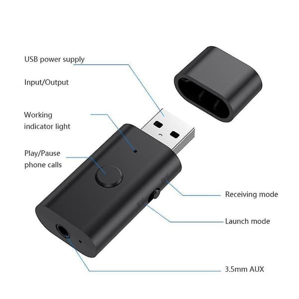 4-i-1 USB trådløs Bluetooth 5.3 AUX-adapter lydmottaker sender USB til 3,5 mm jack for PC TV bil håndfrisett tilbehør