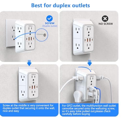 Stikkontaktforlenger overspenningsvern - 6 stikkontakter med 4 USB-porter (2 USB C), flere pluggforlengere vegglader, 3-sidig multi-plugg vegg White 2PCS