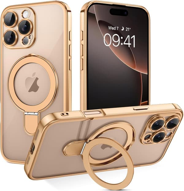 iPhone 16 Pro Max Cover [Kompatibel med Magsafe], Usynlig Ringholder, Bagsidebeskyttelse, Desert Titanium