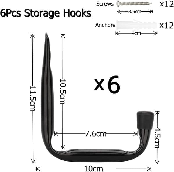 6-pack kraftiga J-formade väggkrokar för garageförvaring (11,5 cm x 10 cm)