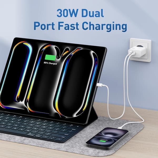 30W USB C-oplader hurtigoplader til iPhone 17/16/15 Pro Max Plus, iPad, Samsung Galaxy S25/S24/S23, Google Pixel 10/9/8/7 2 m
