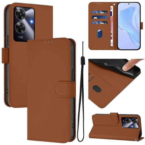 Lanyard PU-deksel for Realme Note 60 4G Global, Avtakbar stropp mobildeksel Brown
