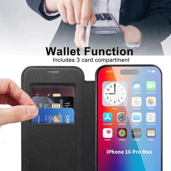 iPhone 16 Pro Max Etui MagSafe Flip Læder RFID Sort