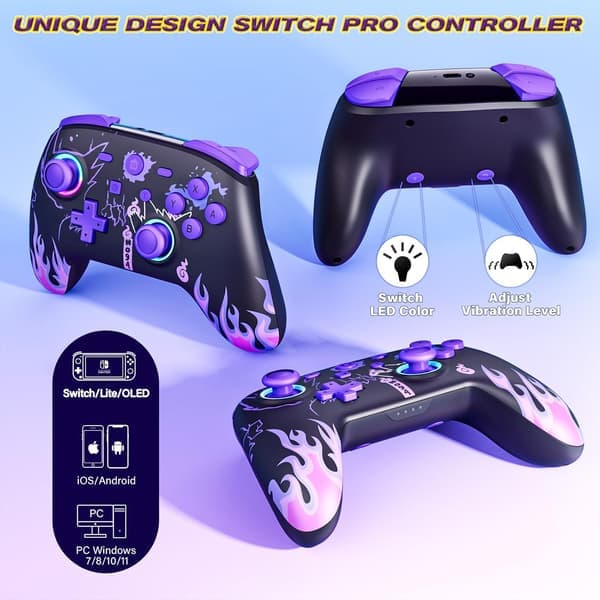Kontroller til Nintendo Switch/OLED/Lite, Trådløse Pro Switch-controllere med LED-joystick/Bevægelse/Vibration/Turbo/Ur