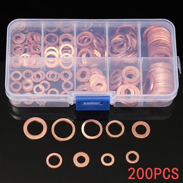 200 kopparpackningar, kopparplåtsbrickor, kopparringar sortiment.