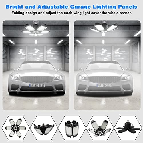 Garasjelys - 32000LM LED Garasjetaklys 6500K Dagslys | Supersterkt LED Butikklys med 6 Deformerbare Paneler Skrues inn i E26/E27 Lys 200W - 2Pack