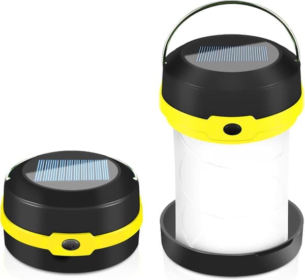 Gul - 1 foldbar campinglampe, 2 sol- og USB-opladningsmuligheder, 3 belysningstilstande, foldbar campinglampe og krog, velegnet til camping