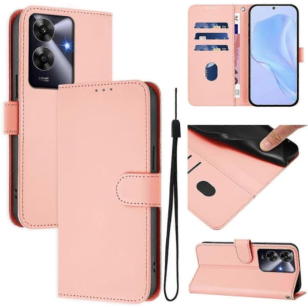 Lanyard PU-deksel for Realme Note 60 4G Global, Avtakbar stropp mobildeksel Pink