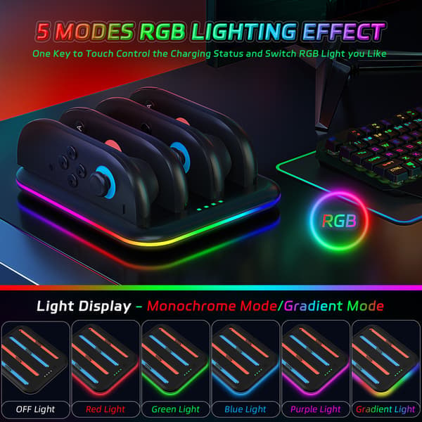 Opladningsdock til Game Controllere - 4-slots opladningsstander med LED RGB-lys sort