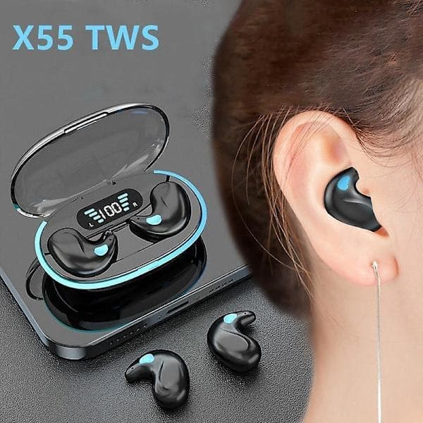 X55 Usynlige Trådløse Sovehovedtelefoner, Mini Bluetooth 5.3 Hjerte Suger med Mikrofon Støjreducerende Stereo