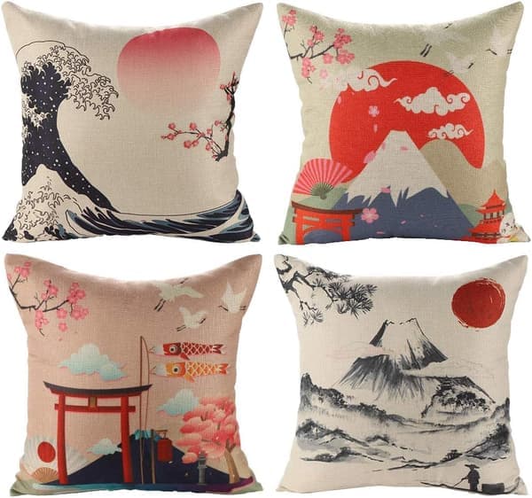 Japansk Fuji Ukiyo-e pudebetræk til sofabil boligindretning 45 x 45 cm, 4-pak (japansk stil A), pudebetræk