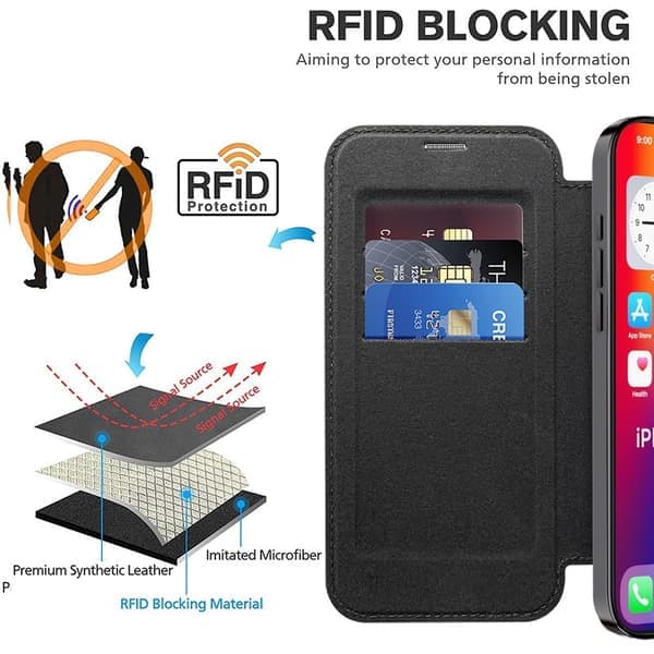 iPhone 16 Pro Max Etui MagSafe Flip Læder RFID Sort