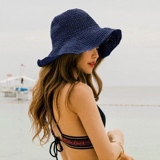 Sammenklappelig stråhat til damer, sammenfoldelig bred stråhat - Sommer & Strand, damesolhat til sommer 57-59 cm blå blue
