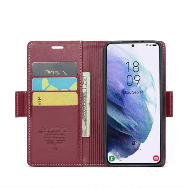 Samsung Galaxy S21 5G Scale CaseMe 023 Butterfly Buckle Litchi Texture RFID Antitheft Leather Wine Tired Vinrött
