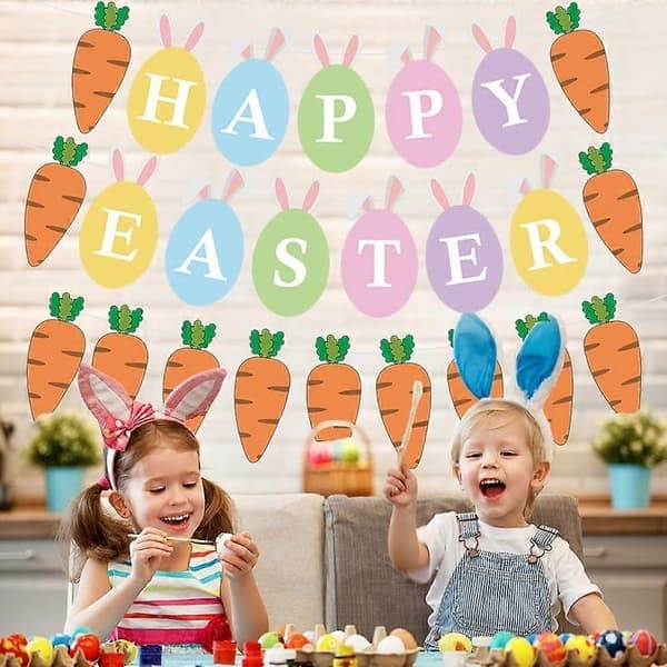 Påskegirlander, påskepynt, 2 påskebannere, påskehengende papirdekorasjoner med \"Happy Easter\"-dekorasjoner