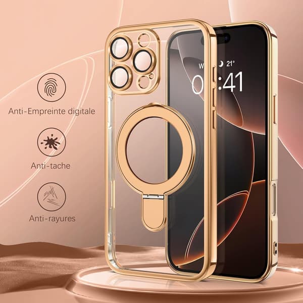 iPhone 16 Pro Max Cover [Kompatibel med Magsafe], Usynlig Ringholder, Bagsidebeskyttelse, Desert Titanium