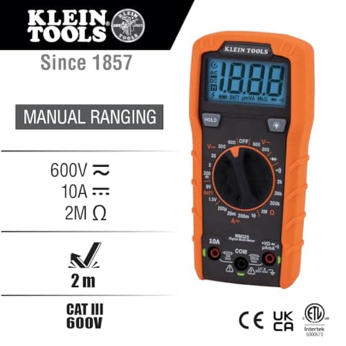 Klein Tools MM325 multimeter, digital manuellt intervall 600V AC/DC spänningstestare, testar batterier, ström, resistans, dioder och kontinuitet Manual-Ranging Kit