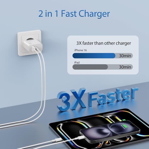30W USB C-oplader hurtigoplader til iPhone 17/16/15 Pro Max Plus, iPad, Samsung Galaxy S25/S24/S23, Google Pixel 10/9/8/7 2 m