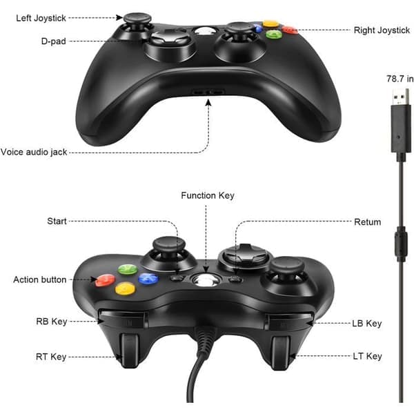 Kablet Xbox 360-controller med USB og dobbelt vibrationsfunktion, kompatibel med pc, Xbox 360 og Windows-systemer.