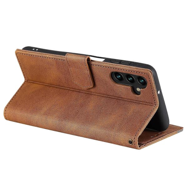 Samsung Galaxy A17 5G Læder Wallet Case med Splejsningssyninger og Håndledsrem Brown