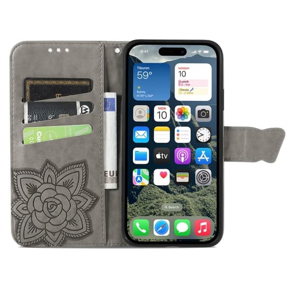 iPhone 16 -suojakuori, perhoskuvioitu, harmaa